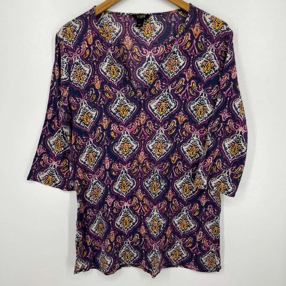 J. Crew Blouse Women's Size L Purple Paisley Print V-Neck 3/4 Sleeve Boho